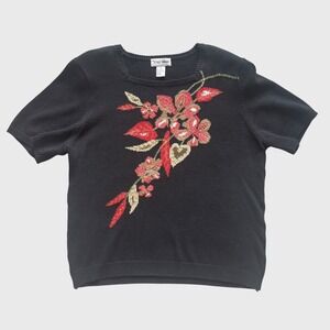 Alfred Dunner Vintage Floral Beaded Short Sleeve Sweater Black XL cottagecore